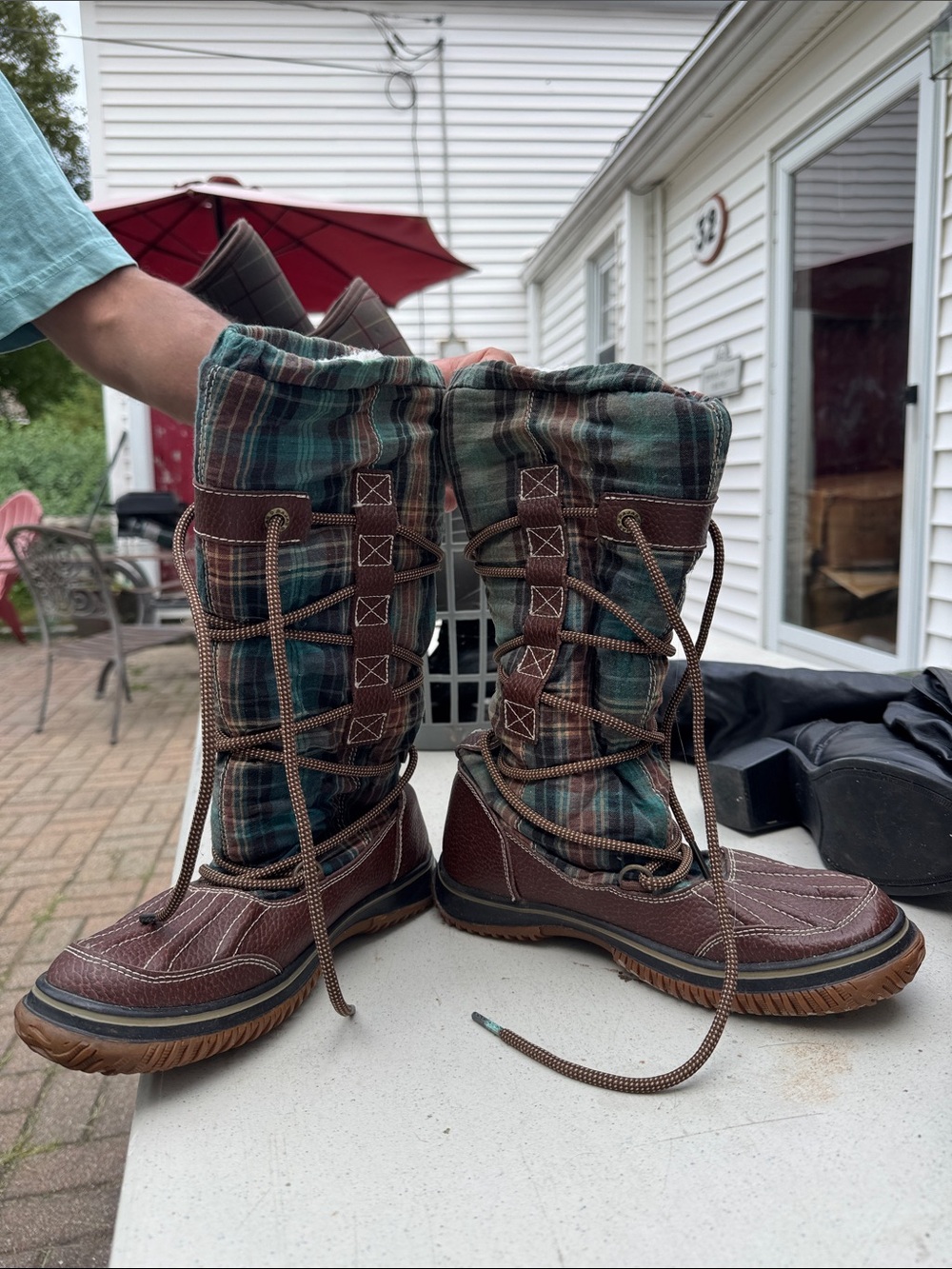 Pajar Brown Leather & Green Plaid womens Rain & Snow Boots